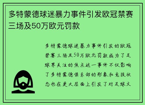 多特蒙德球迷暴力事件引发欧冠禁赛三场及50万欧元罚款