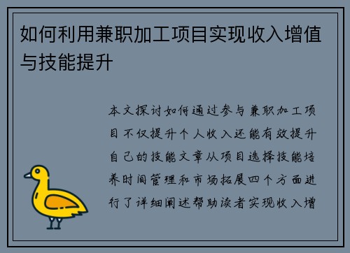 如何利用兼职加工项目实现收入增值与技能提升